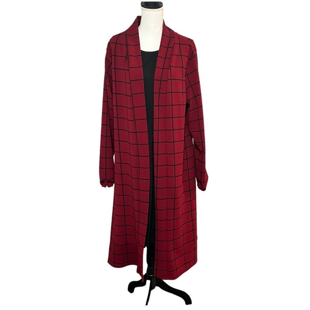 Boohoo red and black windowpane duster size 18 EUC lightweight - Picture 5 of 13